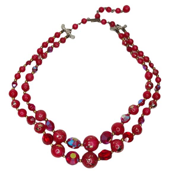 60's Vintage Red Beaded Necklace Multi Strand Gold Glitter Pearls Plastic - Picture 2 of 3
